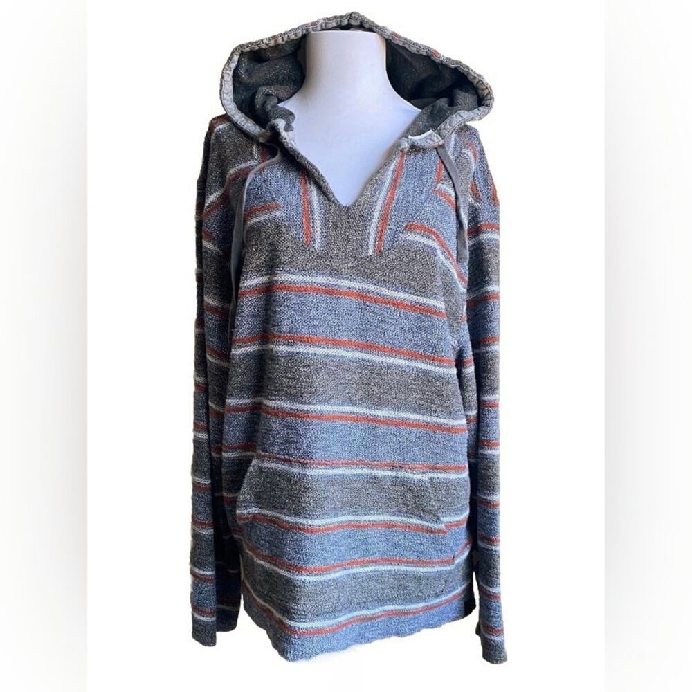 LUCKY BRAND Baja Beach‎ Hoodie Drug Rug Sweater Blue Gray Rust Striped Unisex S